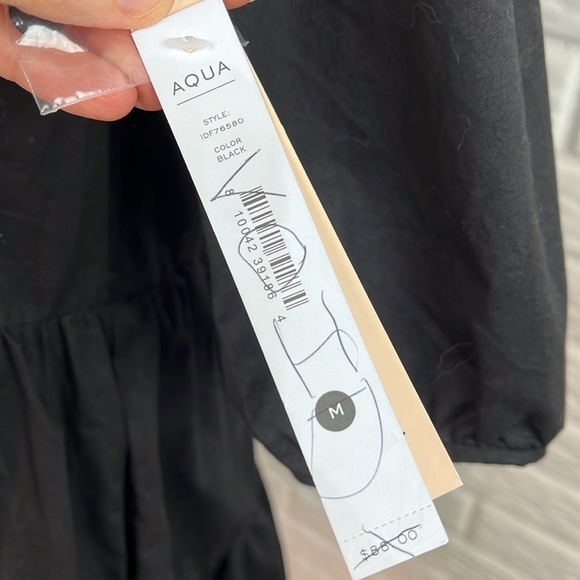 AQUA FROM BLOOMINGDALE’S PUFF SLEEVE TIERED BLACK COTTON DRESS  POCKETS MED NWT - Picture 10 of 14